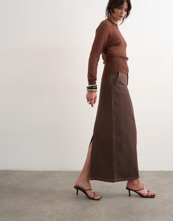 トップショップ レディース ボトムスカート デニム マキシ Topshop denim column maxi skirt in chocolate チョコレート