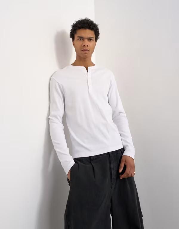 トップマン メンズ トップス Tシャツ リブ Topman classic fit ribbed long sleeve Henley Tshirt WHITE ホワイト