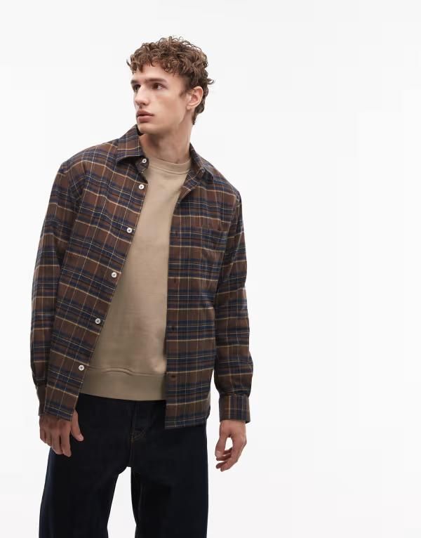 マンゴ メンズ トップス シャツ コットン Mango 100 cotton shirt and blue plaid BROWN ブラウン