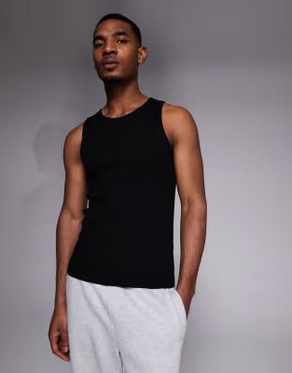 リバーアイランド メンズ トップス タンクトップ リブ River Island Ribbed Tank Black ブラック