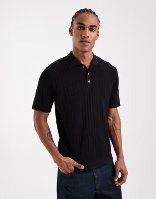 オンリーアンドサンズ メンズ トップス ポロシャツ ニット ONLY SONS open knit polo Black ブラック