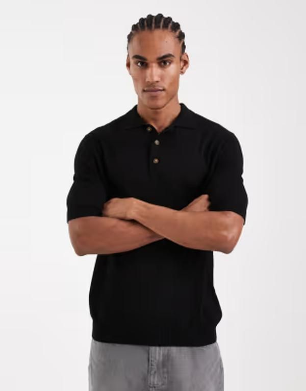 オンリーアンドサンズ メンズ トップス ポロシャツ ニット ONLY SONS knit short sleeve polo shirt Black ブラック