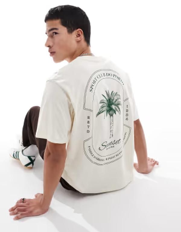ジャック アンド ジョーンズ メンズ トップス Tシャツ プリント Jack Jones oversized Tshirt with palm print Antique White ホワイト