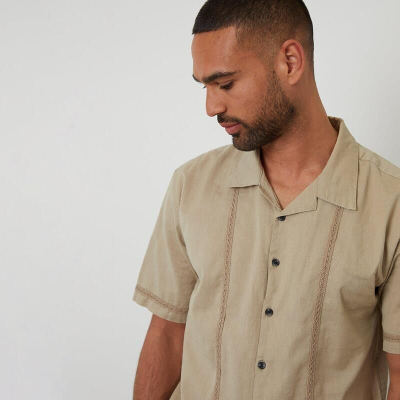 スリードベア メンズ トップス シャツ リラックスフィット レーストリム レース リネン Threadbare Linen Blend Lace Trim Relaxed Fit Shirt Ston