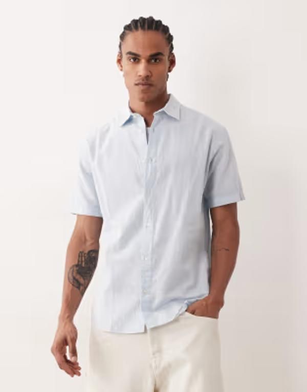 ジャック アンド ジョーンズ メンズ トップス シャツ リネン Jack Joneshort sleeve linen blend shirt in light Celestial Blue ブルー