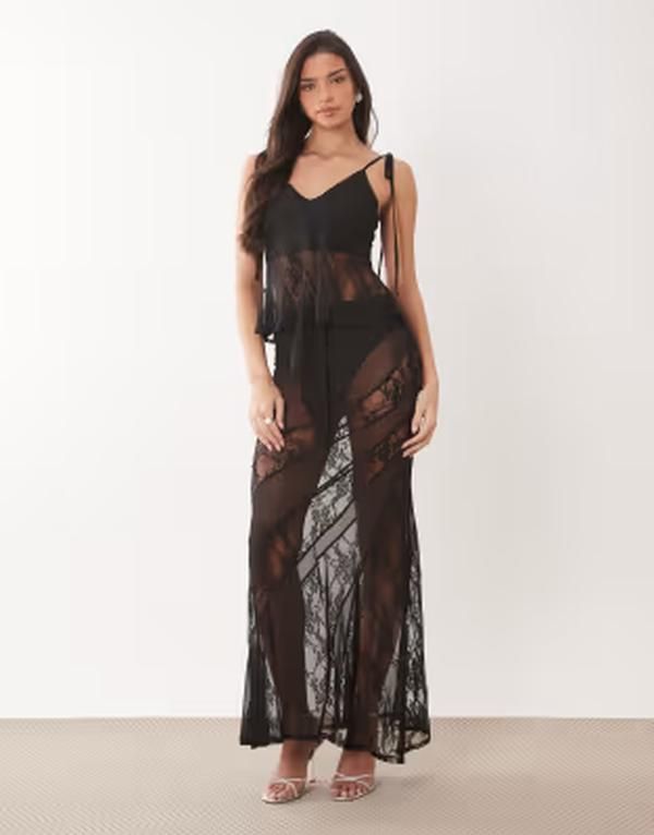 エイソス レディース ボトムスカート メッシュ レース マキシ ASOS DESIGN mesh and lace insert maxi skirt part of a set black ブラック