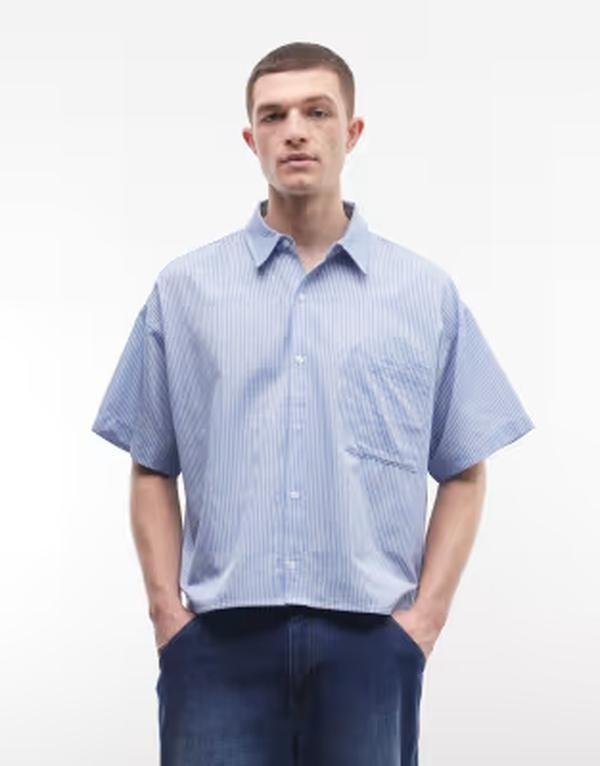 リクレイム ヴィンテージ メンズ トップス シャツ Reclaimed Vintage short sleeve boxy shirt pinstripes BLUE ブルー