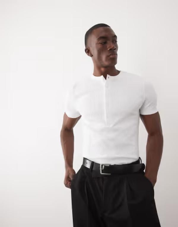 エイソス メンズ トップス Tシャツ ヘンリーネック リブ ASOS DESIGN muscle fit smart ribbed Tshirt withenley neck WHITE ホワイト