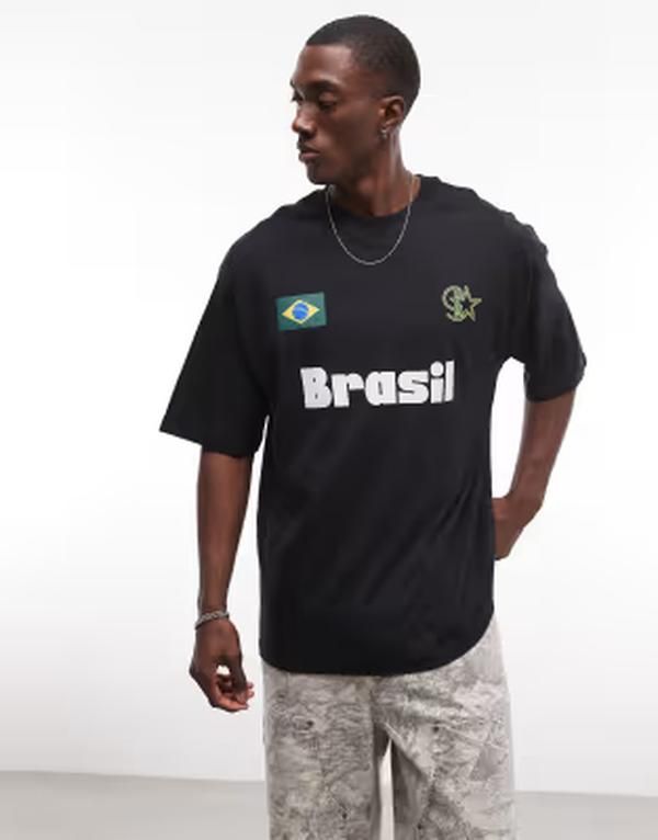 エイソス メンズ トップス Tシャツ グラフィック ASOS DESIGN oversized Tshirt with Brasil soccer graphic Black ブラック