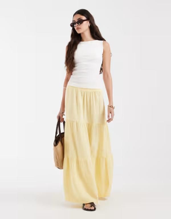 ピーシーズ レディース ボトムスカート ティアード マキシ PIECES boho tiered maxi skirt in pastel yellow Pale banana イエロー