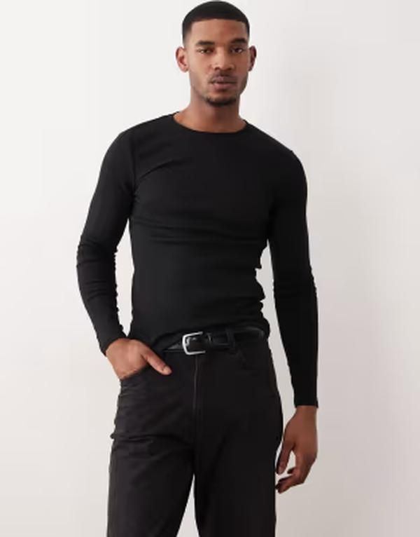 エイソス メンズ トップス Tシャツ ASOS DESIGN essentials muscle fit long sleeve Tshirt riblack ブラック