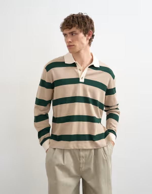 トップマン メンズ トップス ポロシャツ ウール クロップド Topman relaxed cropped wool mix long sleeve rugby polo shirt in stone