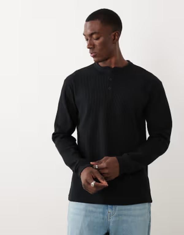 オンリーアンドサンズ メンズ トップス Tシャツ ONLY SONS long sleeve henley Tshirt waffle Black ブラック