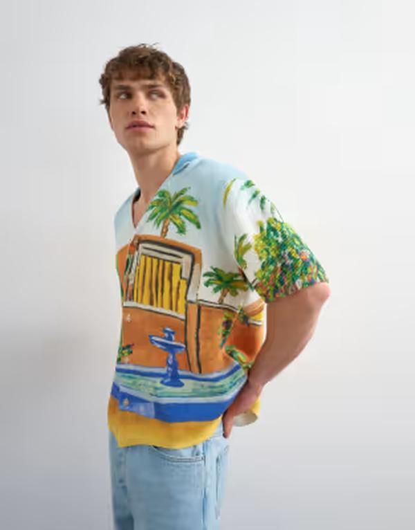 トップマン メンズ トップス シャツ リラックスフィット プリント ニット Topman relaxed fit knit shirt with printed garden scene in mul