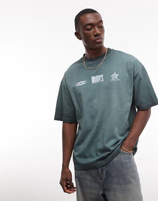 エイソス メンズ トップス Tシャツ グラフィック ASOS DESIGN heavyweight oversized Tshirt with street graphics wash GREEN グ