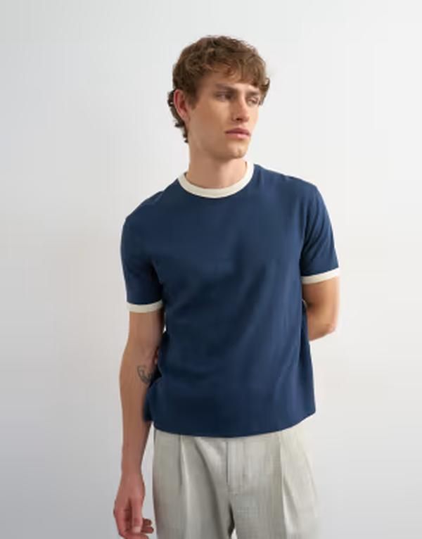 トップマン メンズ トップス Tシャツ クロップド Topman classicropped fit ringer Tshirt NAVY ネイビー