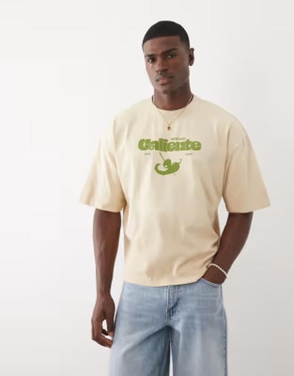 エイソス メンズ トップス Tシャツ グラフィック ASOS DESIGN boxy oversized Tshirt with chili graphic in yellowash REED YEL