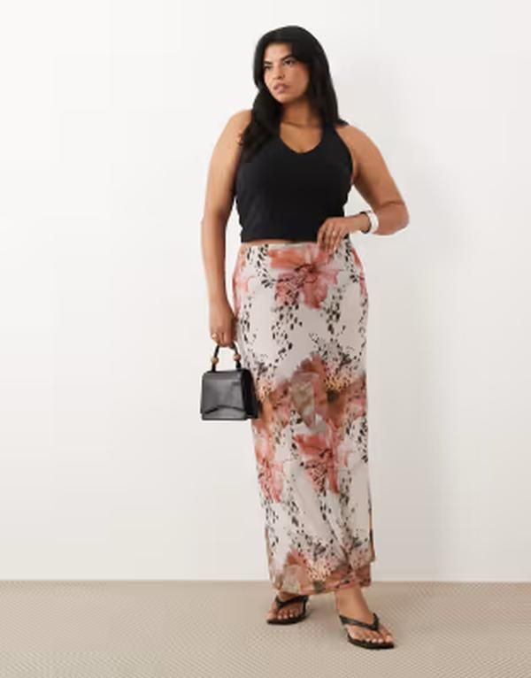 エイソス レディース ボトムスカート フラワー柄 メッシュ シアー マキシ フラワー ASOS Curve ASOS DESIGN Curve sheer mesh maxi skirt in spo