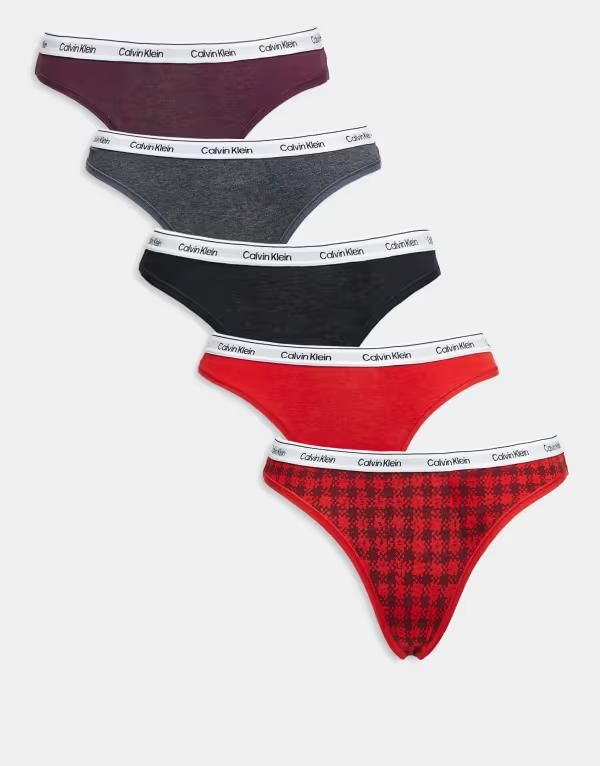 カルバンクライン レディース アンダーウェア ブリーフパンツ ロゴ Calvin Klein Icon Logo 5 pack thongsgrayburgundyred tartan plaid M