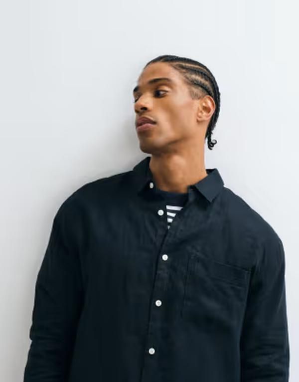 コットンオン メンズ トップス シャツ リネン Cotton relaxed linen long sleeve shirt Black ブラック