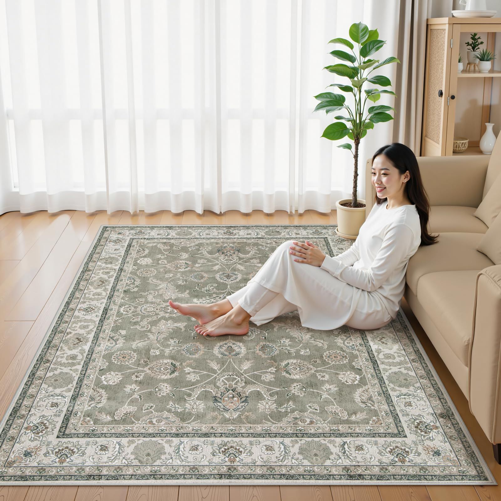 新品 HAOCOO カーペット 200х250cm 3畳 滑り止め ペルシャ風 ラグ 洗える オールシーズン適用 花柄 防音 耐磨耗性 軽量 抗菌防臭 リビング ダイニング アンティーク ラグマット モスグレー