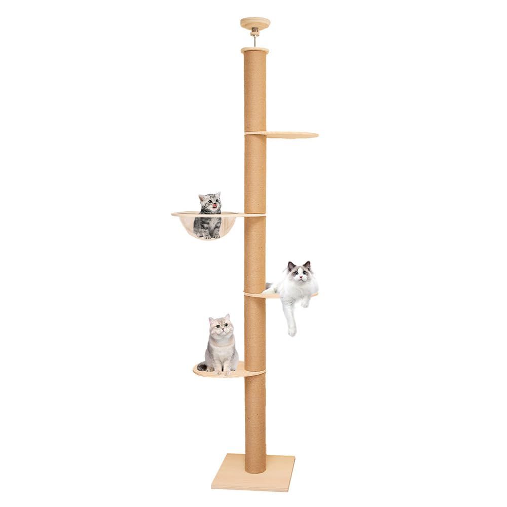 【なになにLife】 キャットタワー 突っ張り 木製 シニア猫 スリム 木登り シンプル キャットツリー 猫タワー 太い支柱 大型猫 中型 おしゃれ 成猫 特注合板厚さ15mm 宇宙船 省スベース クリアボウル 登りやすいステップ 爪とぎポー cd9c66ba