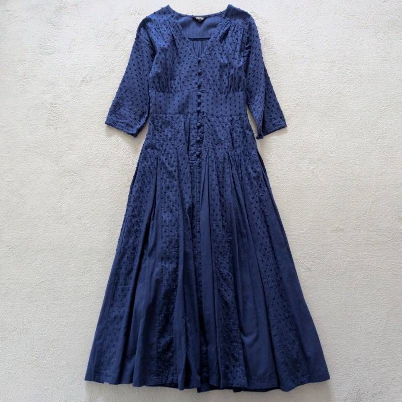 Velnica ヴェルニカ ロングワンピース 七分袖 Aライン ブルー 綿100