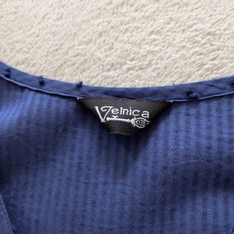 Velnica ヴェルニカ ロングワンピース 七分袖 Aライン ブルー 綿100