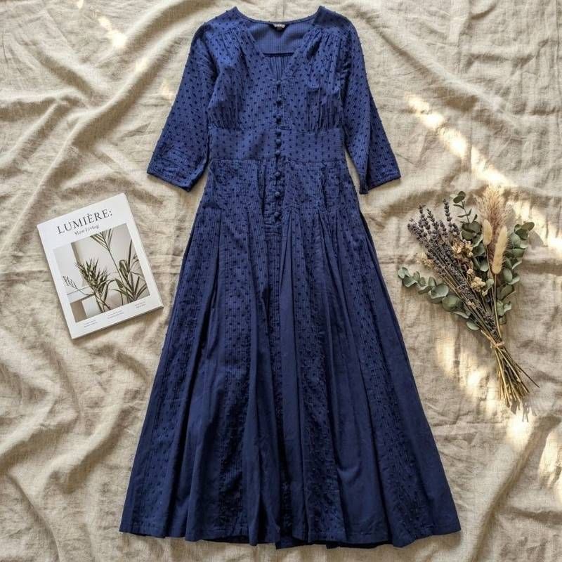 Velnica ヴェルニカ ロングワンピース 七分袖 Aライン ブルー 綿100