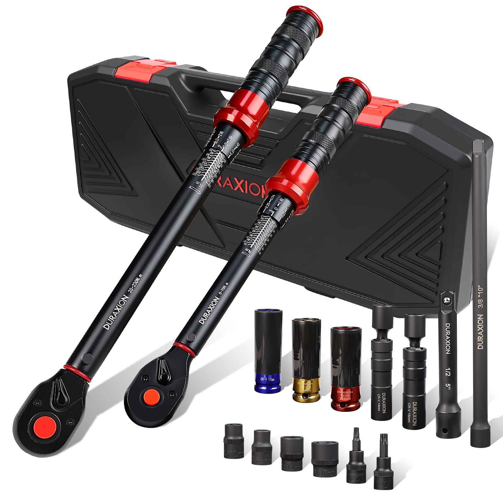トルクレンチ セットプレセット型 15点組 レッド 差込角 3/8 9.5mm 5-70N.m,1/2 12.7mm 20-230N.m トルクレンチ 車 バイク 高精度 正向±3％ 逆向±5％ 見やすいダブル目盛り 大きい音 左右回転 72 ee9be648 11,438円