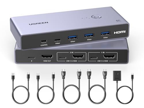UGREEN 8K@60Hz HDMI KVM切替器 2入力1出力 PC2台をUSB 3.0ポートx3 ＆ USb-Cポートx1 とモニター1台共有 KVMスイッチ 3D/CEC/HDRに対応 手元スイッチ & USBケーブル2本 & HDM 2b6821e9