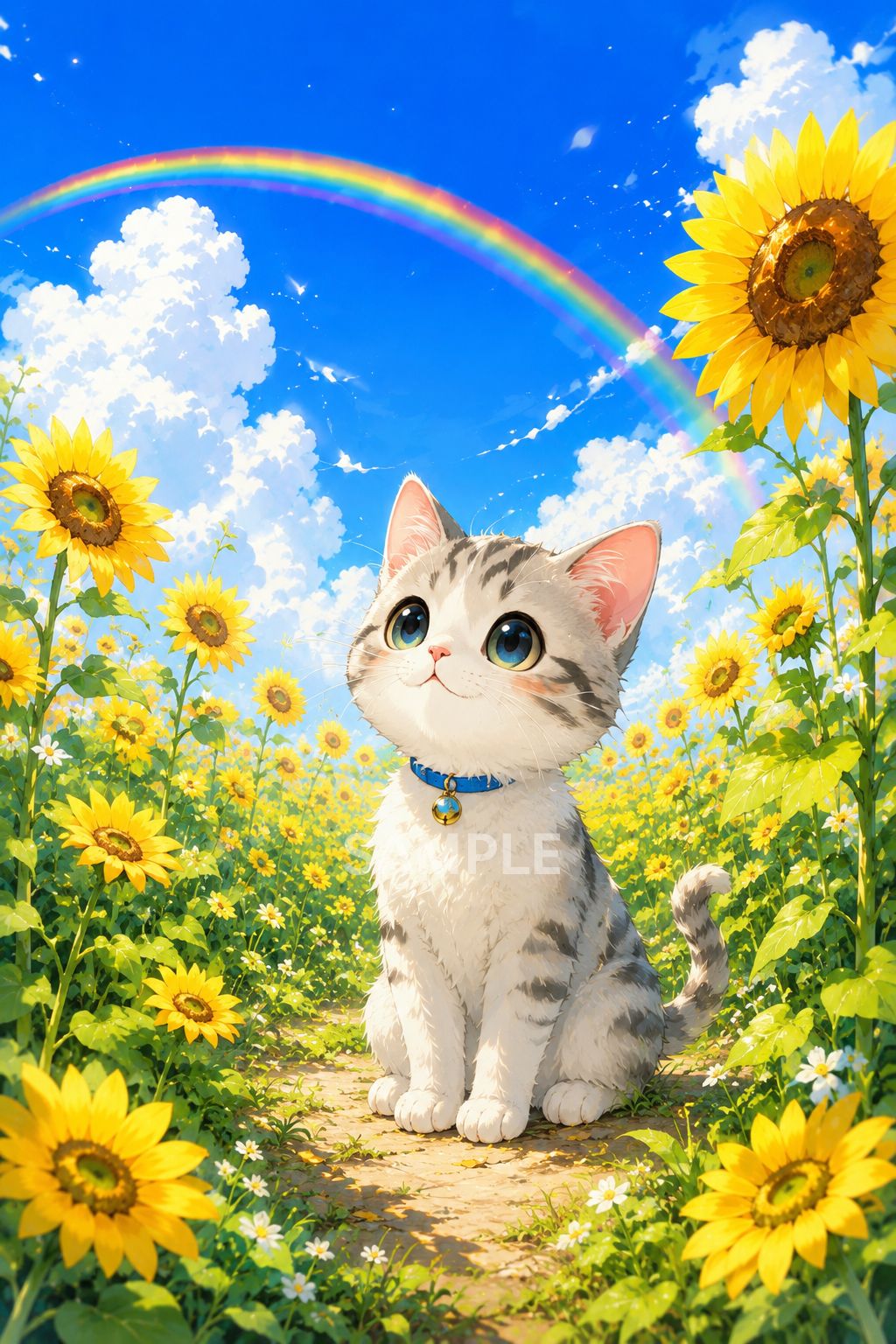 ひまわり畑と虹の子猫 癒しアート／夏の猫イラスト - メルカリ