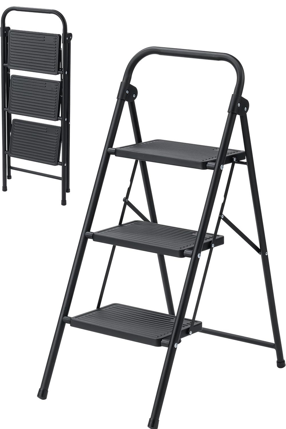 ★新品★イーサプライ 脚立 3段 折りたたみ コンパクト 踏み台 耐荷重160kg スチール製 重量4.4kg 滑り止め キッチン おしゃれ ブラック EEX-KYA28BK