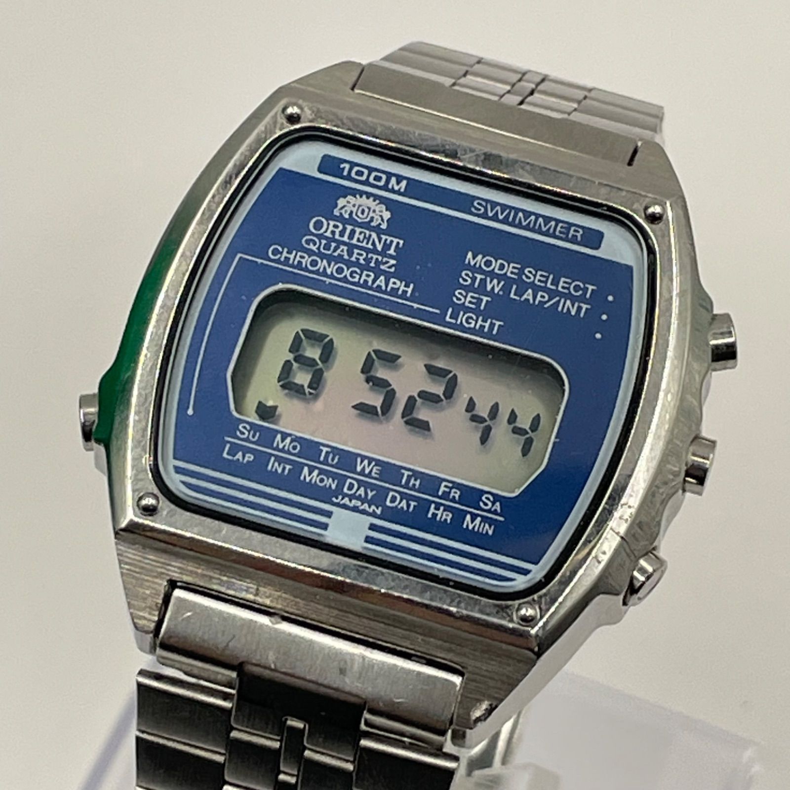 希少良品 オリエント デジタルクロノグラフ G725304-40 ヴィンテージ クォーツ腕時計 100M SWIMMER スクリューバック メンズ ウォッチ 当時物 レトロ アンティーク 豆球バックライト点灯確認済み 簡易取扱説明書付き 送料無料　ビンテージ
