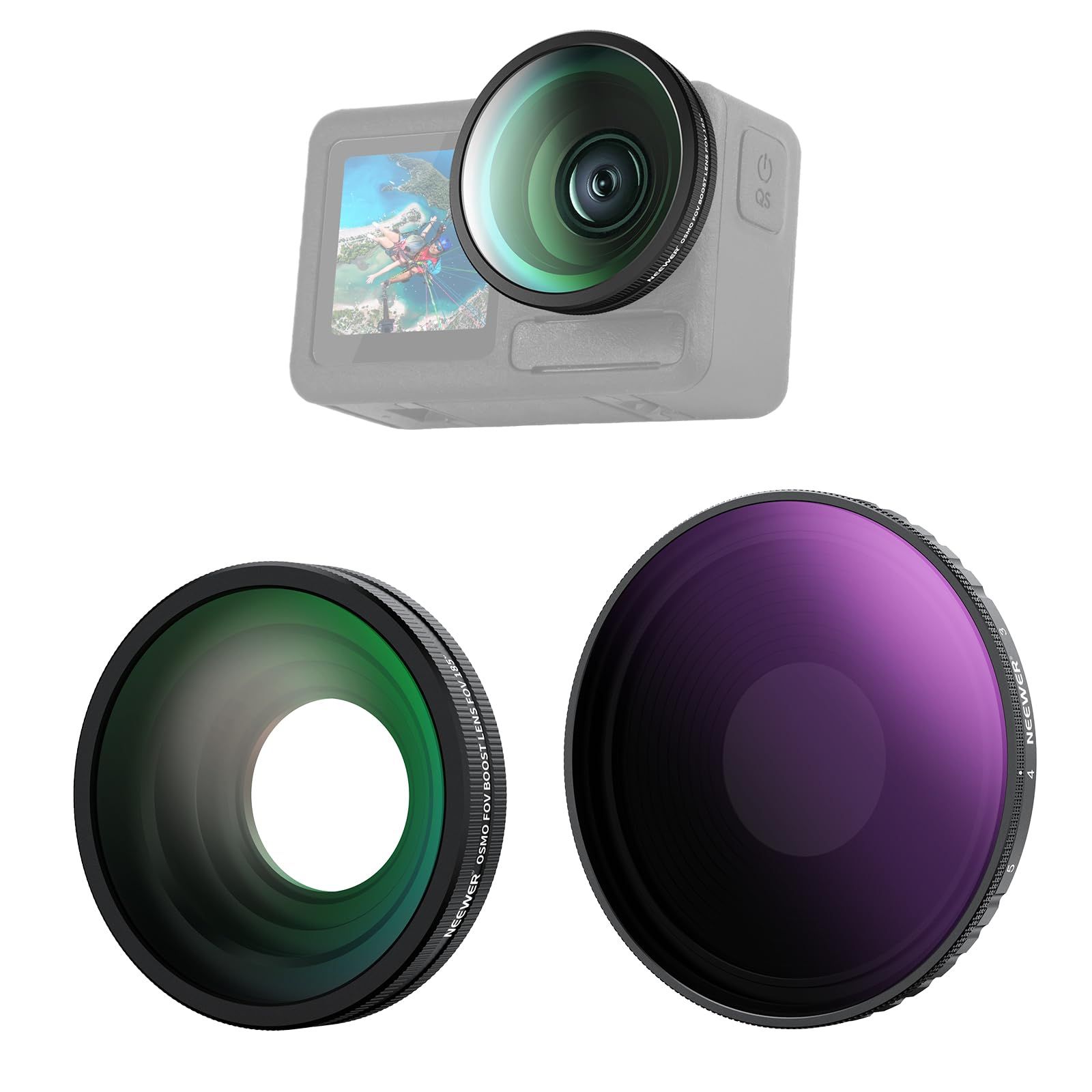 新品 NEEWER 可変NDフィルターキット コンパチブル Osmo Action 5 Pro/4 2枚入り ND8-32(3-5ストップ)+185°FOV 広角レンズ ねじ込み式 減光フィルター 偏光フィルター マルチコート HD光学ガラス カメラレンズフィ