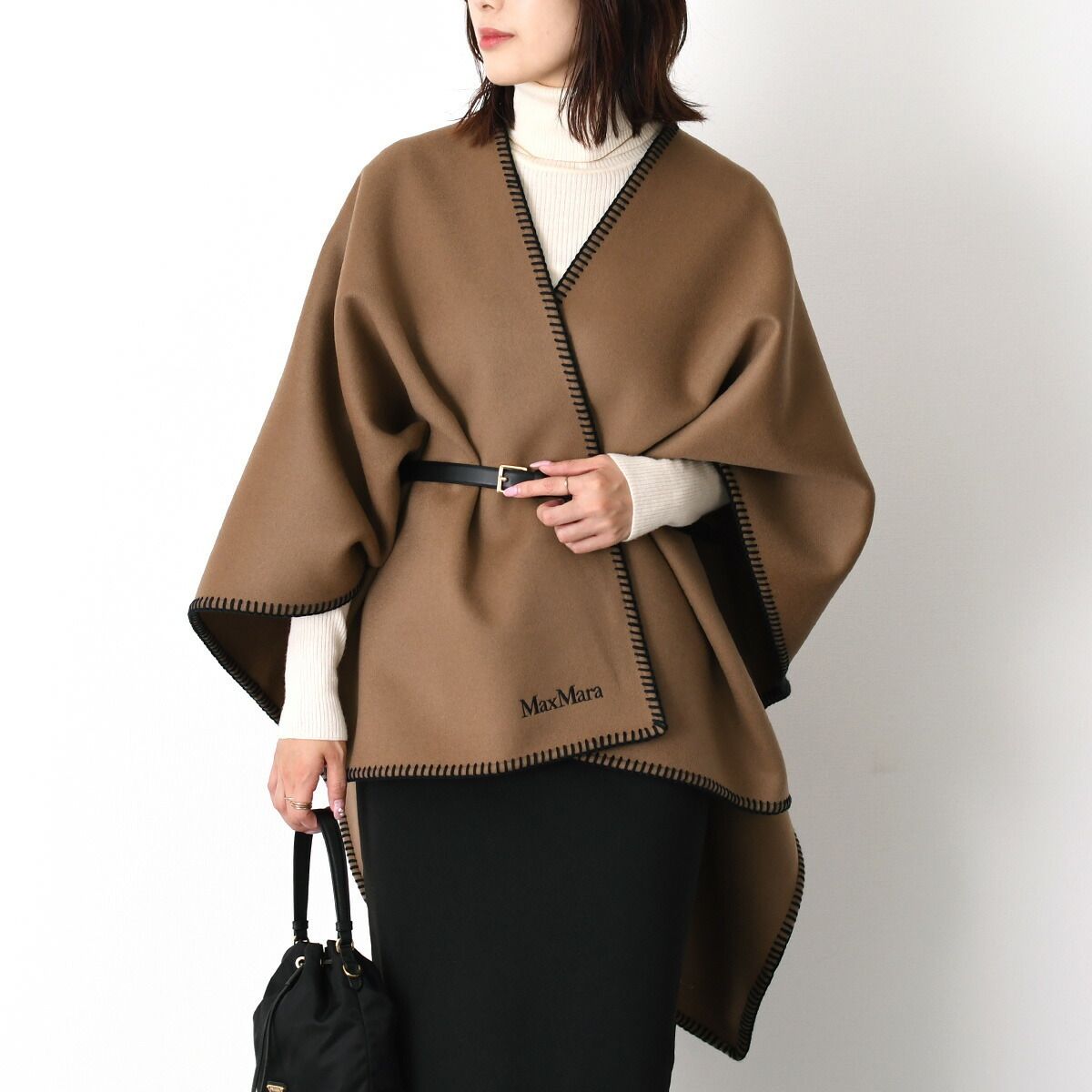 Max Mara マックスマーラ ケープ アウター COLOMBA ウールカシミア MXACOLOMBA 2614541121 レディース ブラウン ウール カシミヤ ポンチョ コロンバ レザーベルト付属 ステッチ ロゴ サドラリー