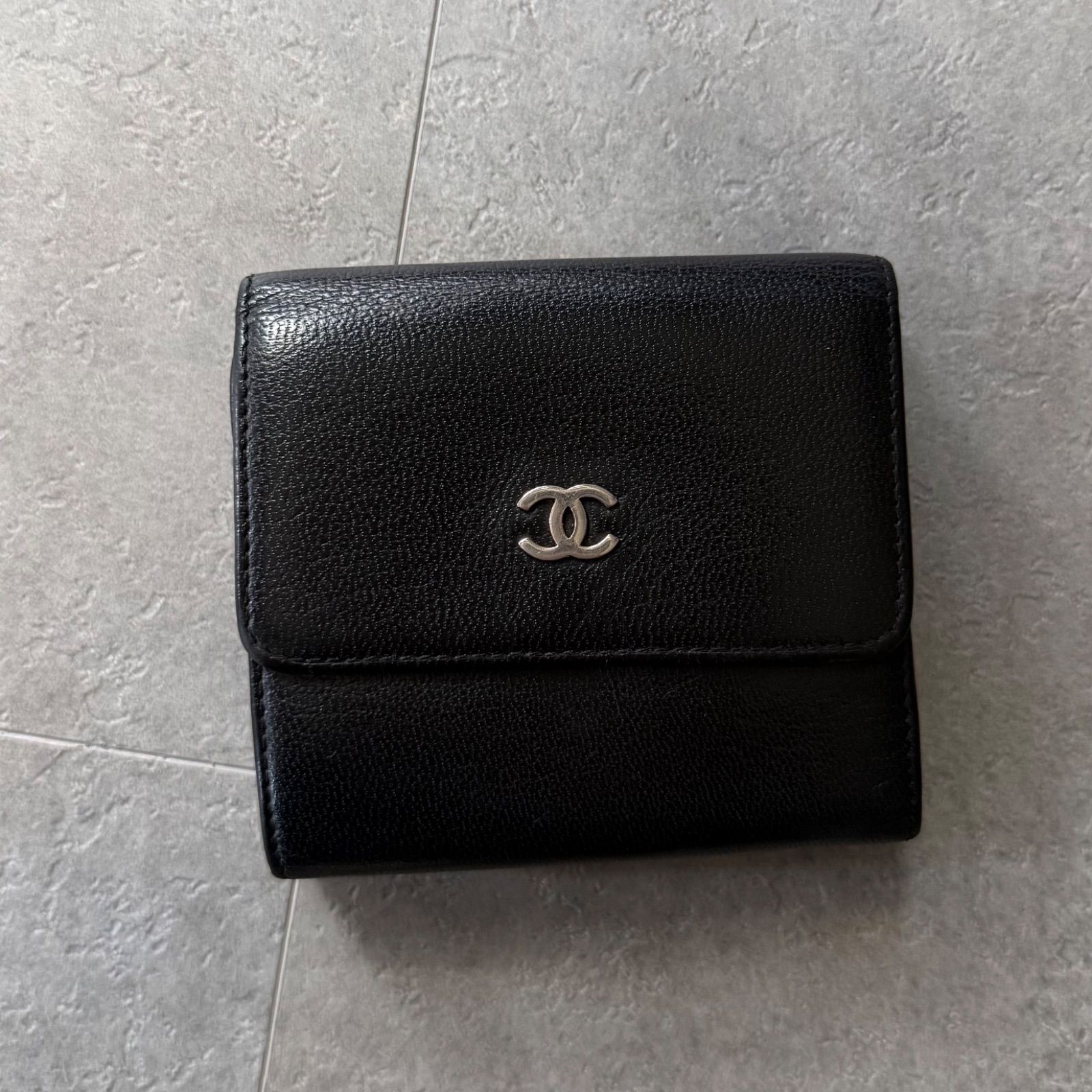 CHANEL シャネル ココマーク レザー 三つ折り財布 wホック ブラック 黒