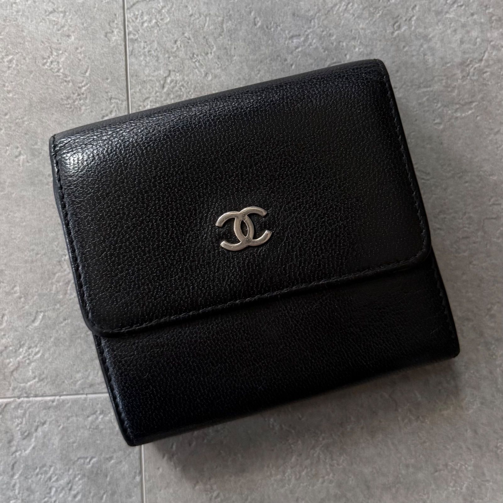 CHANEL シャネル ココマーク レザー 三つ折り財布 wホック ブラック 黒