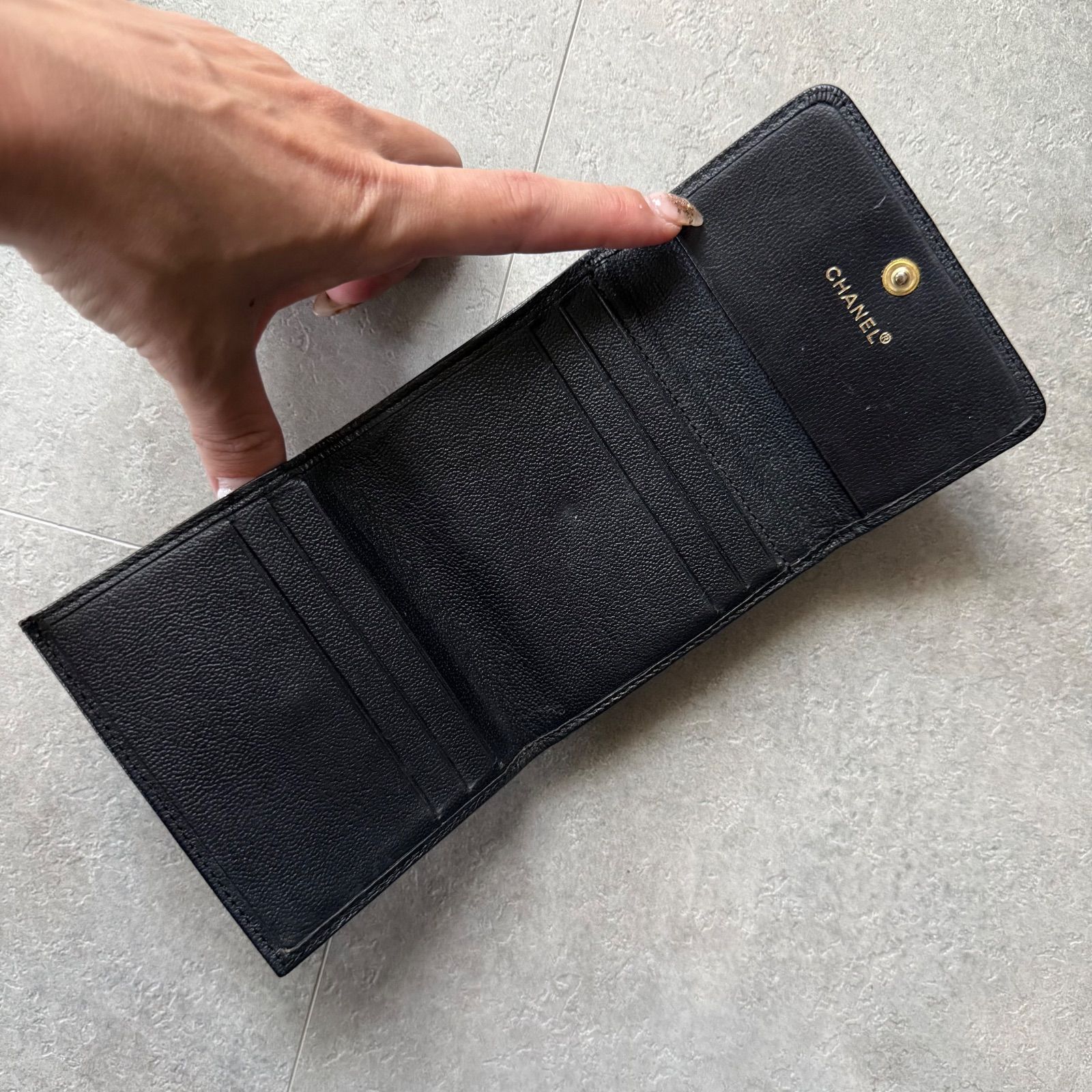 CHANEL シャネル ココマーク レザー 三つ折り財布 wホック ブラック 黒