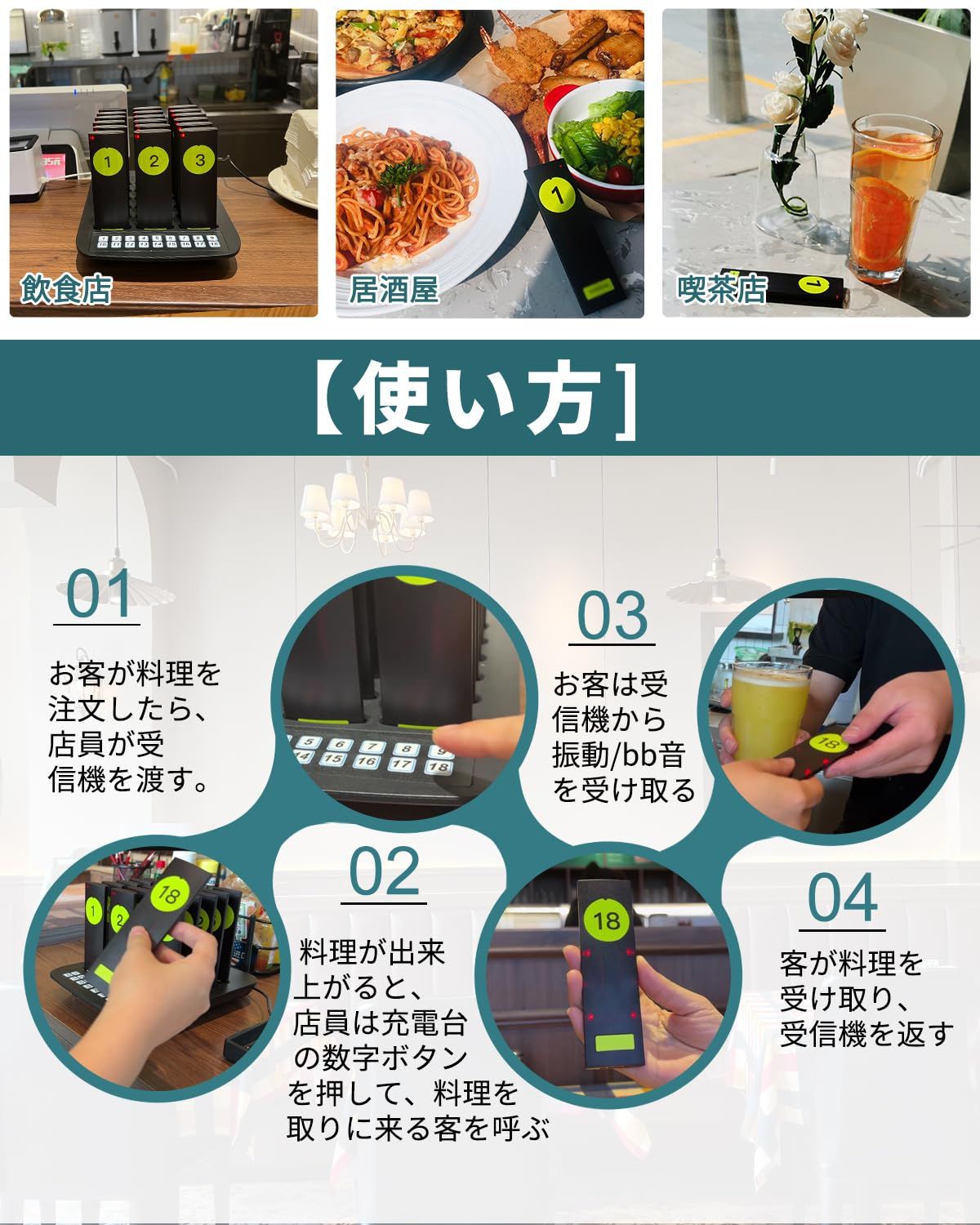 新品 FLYDOG 呼び出しベル ワイヤレス 業務用セット【電波法適合】呼び出しチャイム 呼び出し機 飲食店 居酒屋 病院 教会 呼び鈴 ポケットベル 振動&LED通知 (送信機1台+受信機10台)