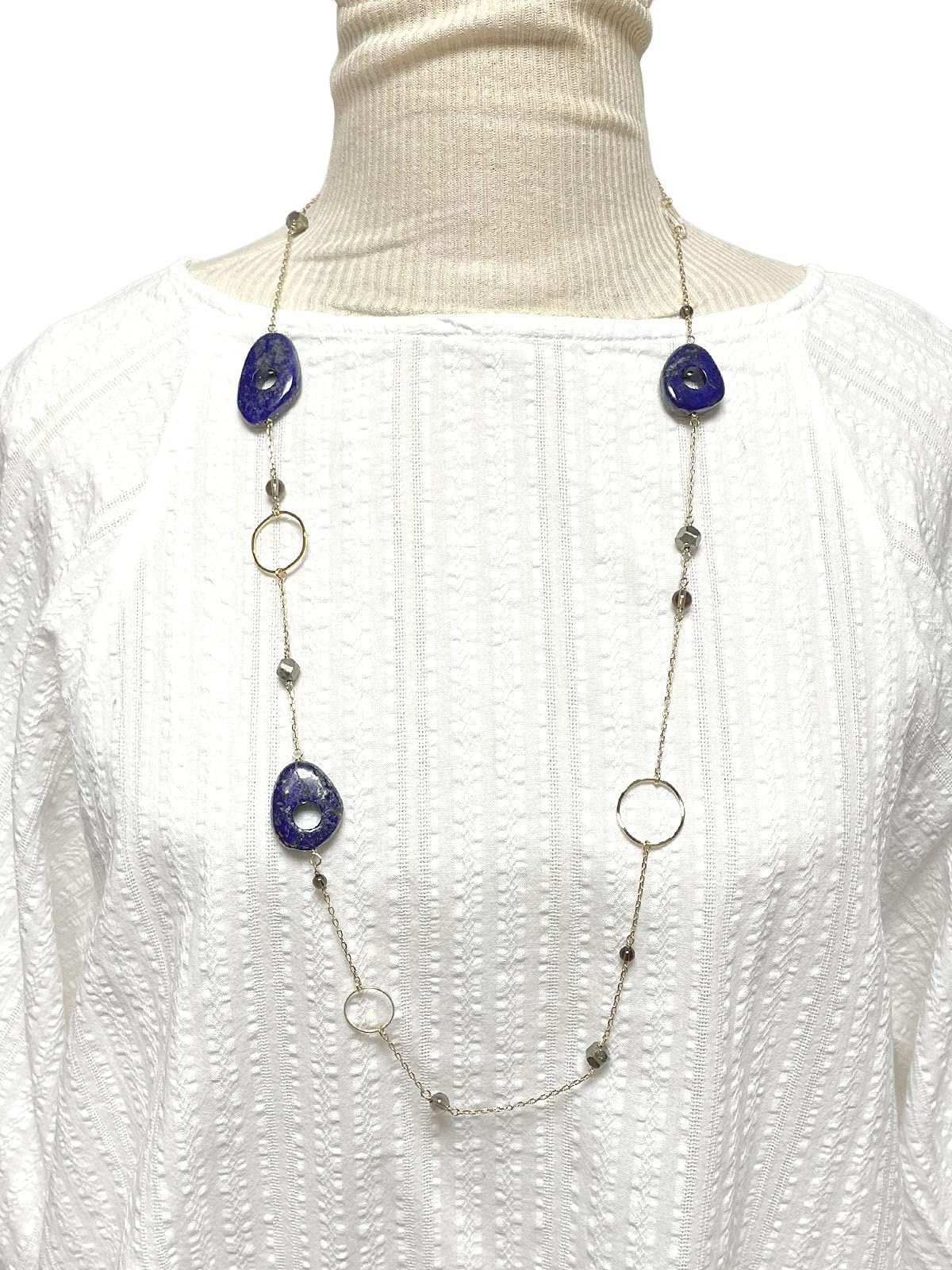 新品 [Cherry] A990 Lapis Lazuli Perforated Nugget Golden Pyrite Smokey Quartz Long Necklace Natural Stone Power Stone Lapis Lazul