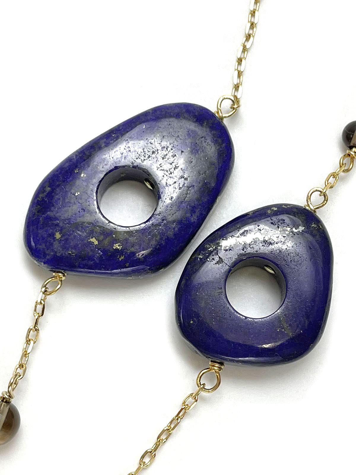 新品 [Cherry] A990 Lapis Lazuli Perforated Nugget Golden Pyrite Smokey Quartz Long Necklace Natural Stone Power Stone Lapis Lazul