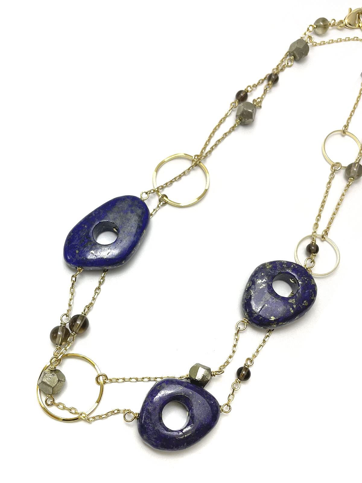 新品 [Cherry] A990 Lapis Lazuli Perforated Nugget Golden Pyrite Smokey Quartz Long Necklace Natural Stone Power Stone Lapis Lazul