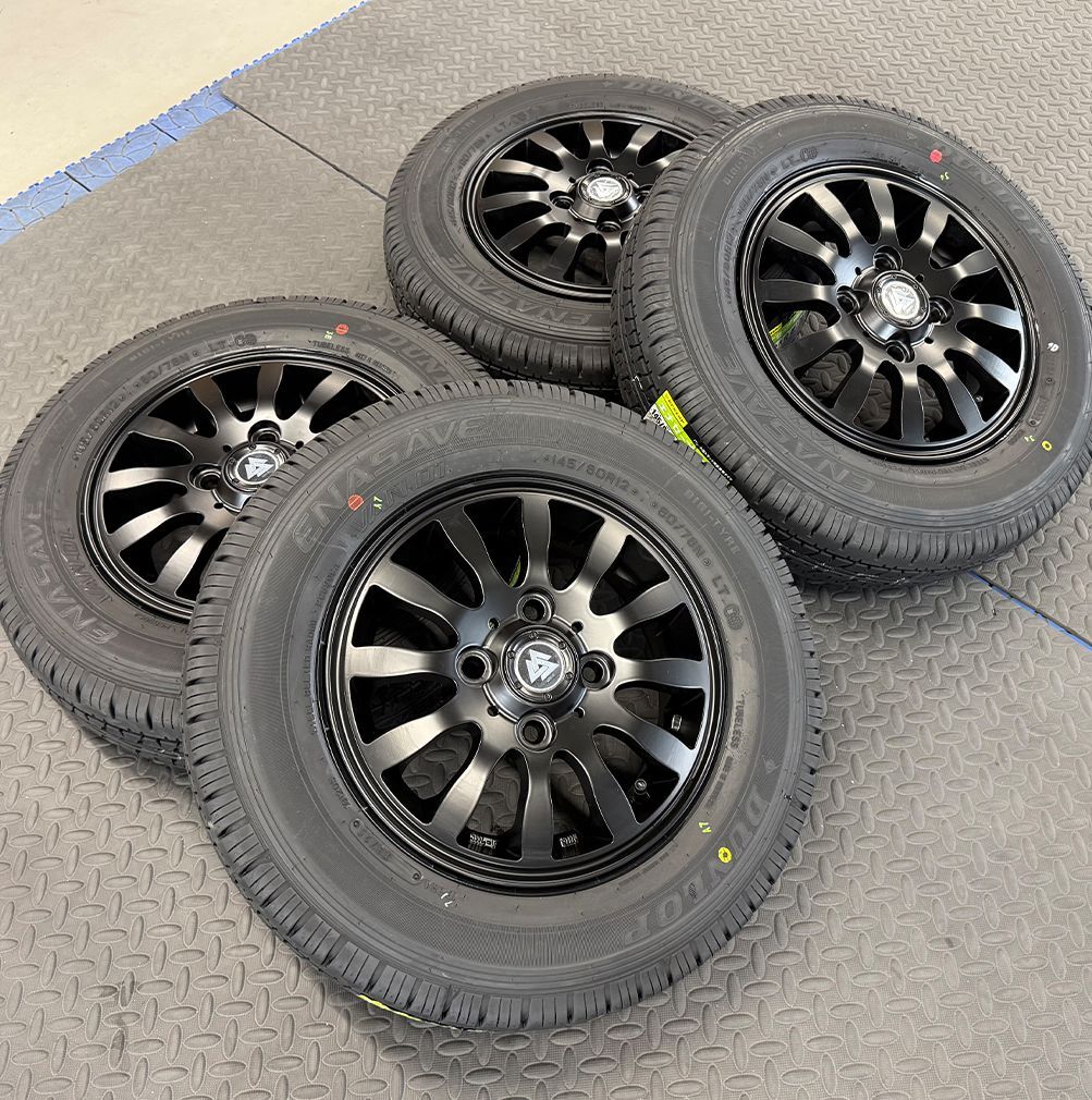 【新品4本】ハイゼット バン カーゴ トラック 軽トラック｜タイヤホイールセット DUNLOP ダンロップ エナセーブ VAN01 145/80R12 80/78 12インチ MUD-Xii 12x4.0+43 100-4H