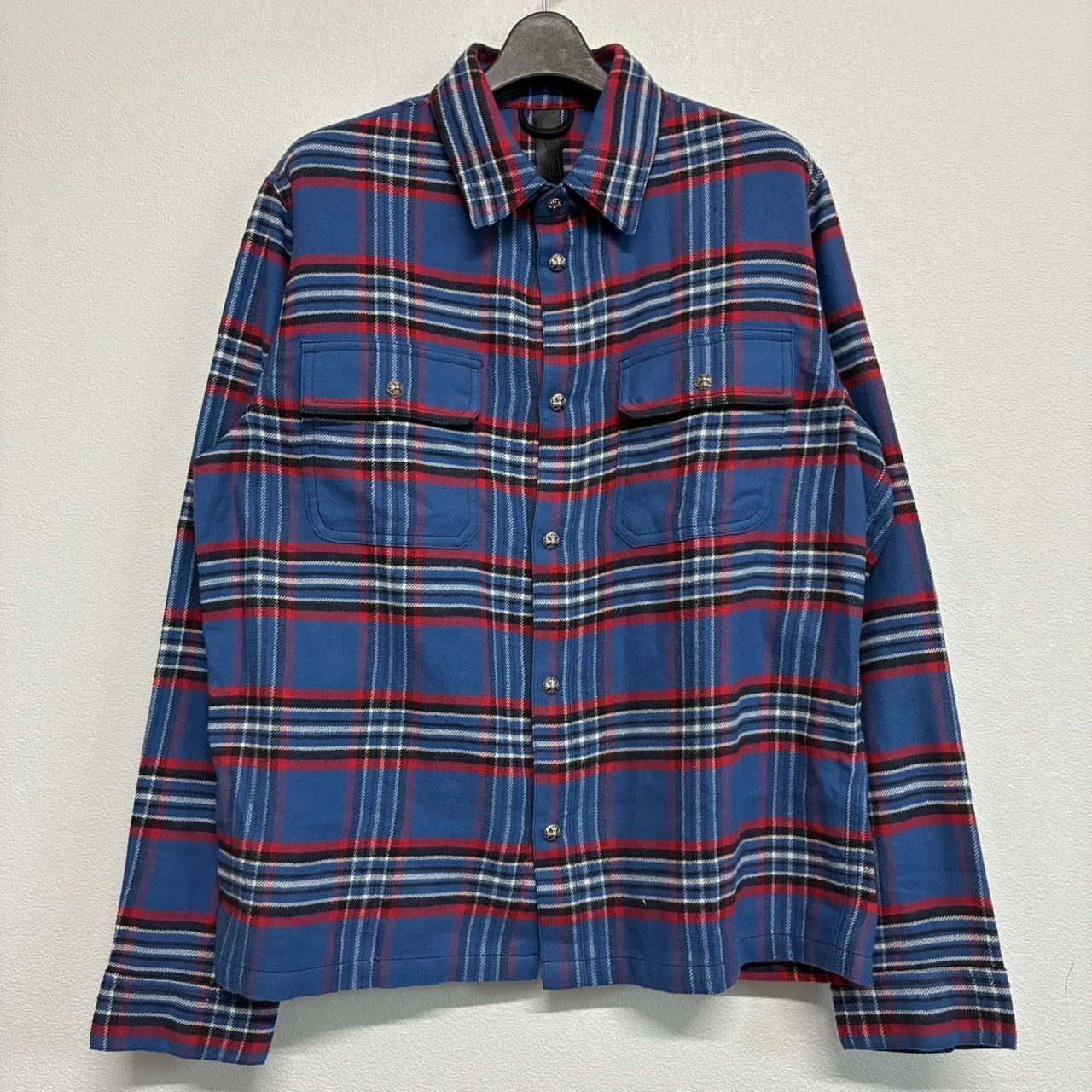 CHROME HEARTS クロムハーツ クロスボール ボタン 青 ブルー 赤 レッド チェック柄 長袖 シャツ ネルシャツ トップス メンズ レディース Lサイズ 新品未使用 2722
