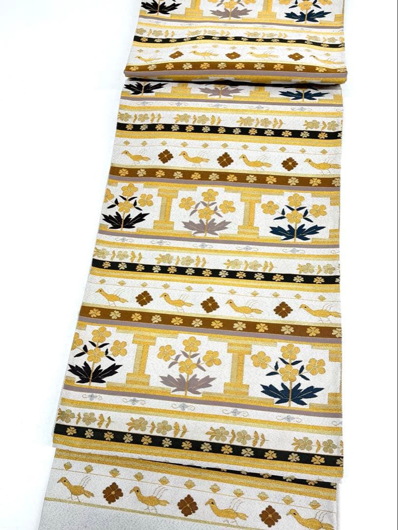 綴れ織 袋帯 鳥 未仕立て品 正絹 六通 ロングサイズ D764