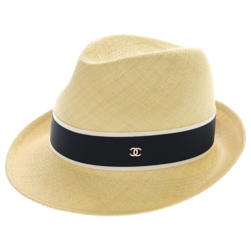 CHANEL (シャネル) Straw Grosgrain Hat ストロー グログラン ハット 麦わら帽子 ココマーク ベージュ