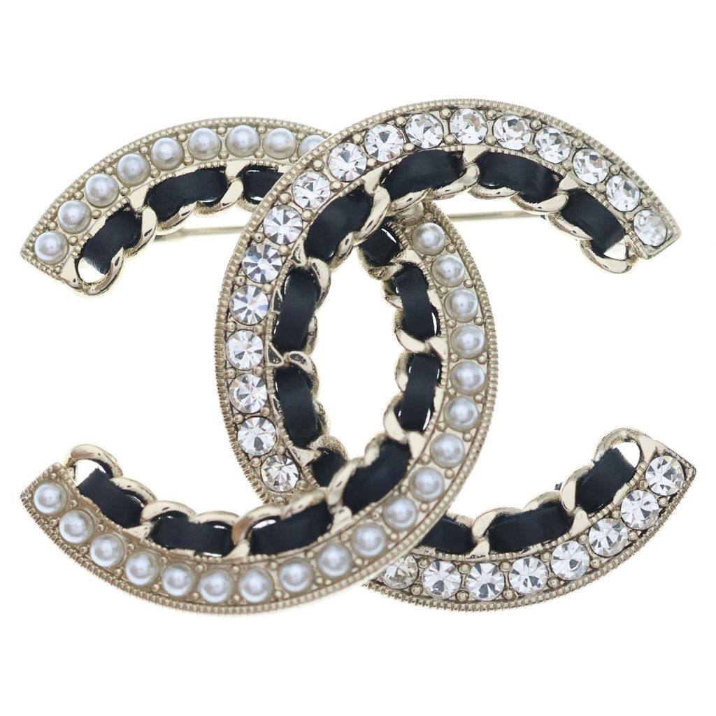 CHANEL (シャネル) ココマーク ブローチ メタル レザー ラインストーン GP ゴールド/ブラック 20A