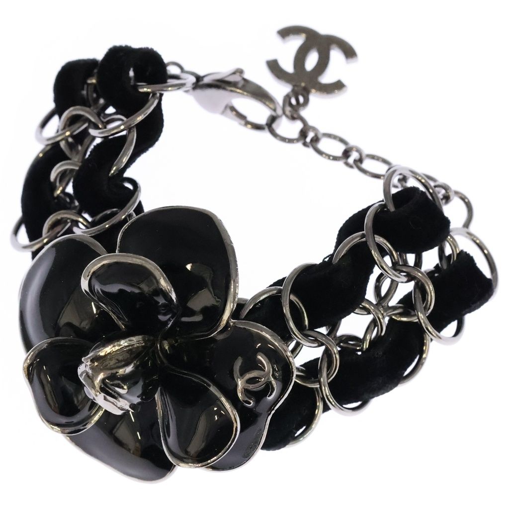 CHANEL (シャネル) 06A カメリア ココマーク ベロア チェーン ブレスレット ブラック/シルバー