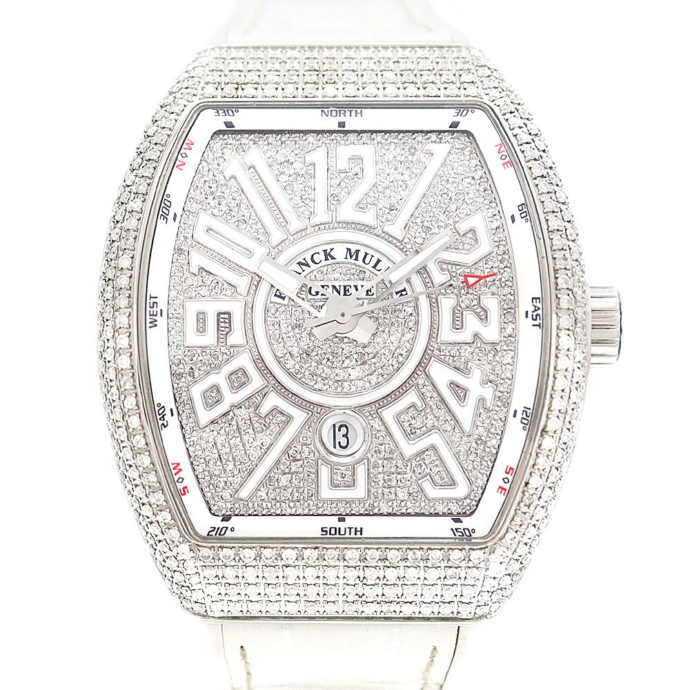 内部点検済 FRANCK MULLER フランクミュラー ヴァンガード ダイヤベゼル ダイヤ文字盤 V45SCDT ACNR ダイヤモンド デイト SS ステンレス 純正ベルト 純正バックル尾錠 アフターダイヤ メンズ 自動巻き【6ヶ月保証】【中古】【腕時計】